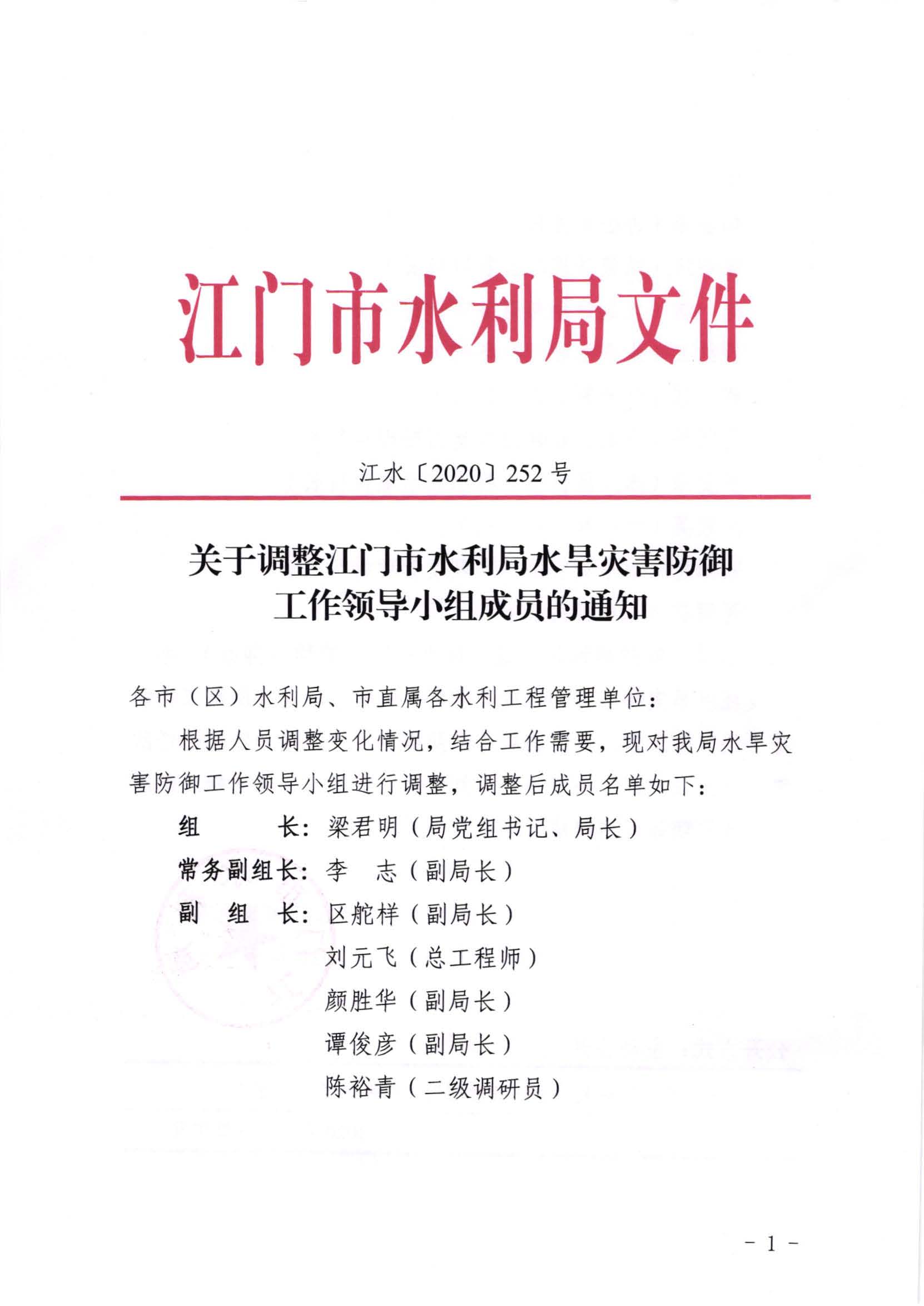 江水[2020]252号_关于调整﻿开云电竞官方网站水利局水旱灾害防御工作领导小组成员的通知_页面_1.jpg